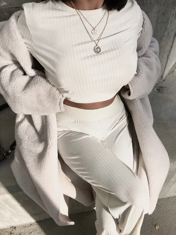 Solid Color Round Neck Knitted Sweater Long Sleeve Two-Piece Suit Elegant Classic Vintage
