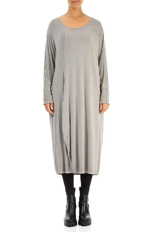 Draped Washed Effect Taupe Cotton Dress
