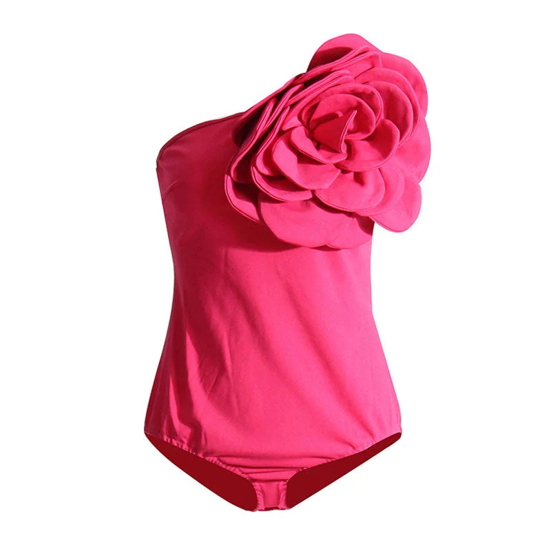 Giant Rosette Applique One Shoulder Solid Color Sleeveless Bodysuit Stylish One-Shoulder Bodysuit