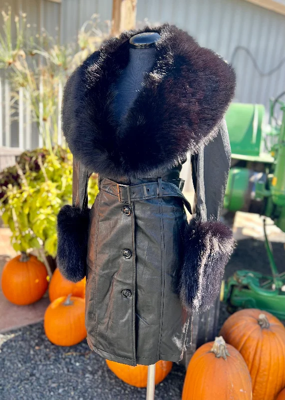 Black Fur Trimmed Jacket with Vegan Leather Zippered Front Buttoned Front Snap Front
