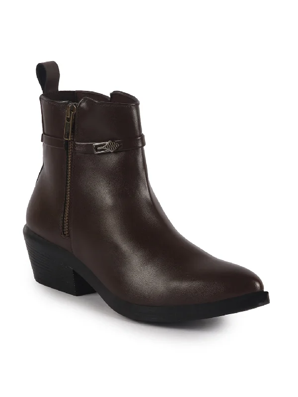 Women Brown Mid Ankle Flared Heel Side Zipper Winter Boots|Dress Boot|Office Boot Tunics Satin smooth
