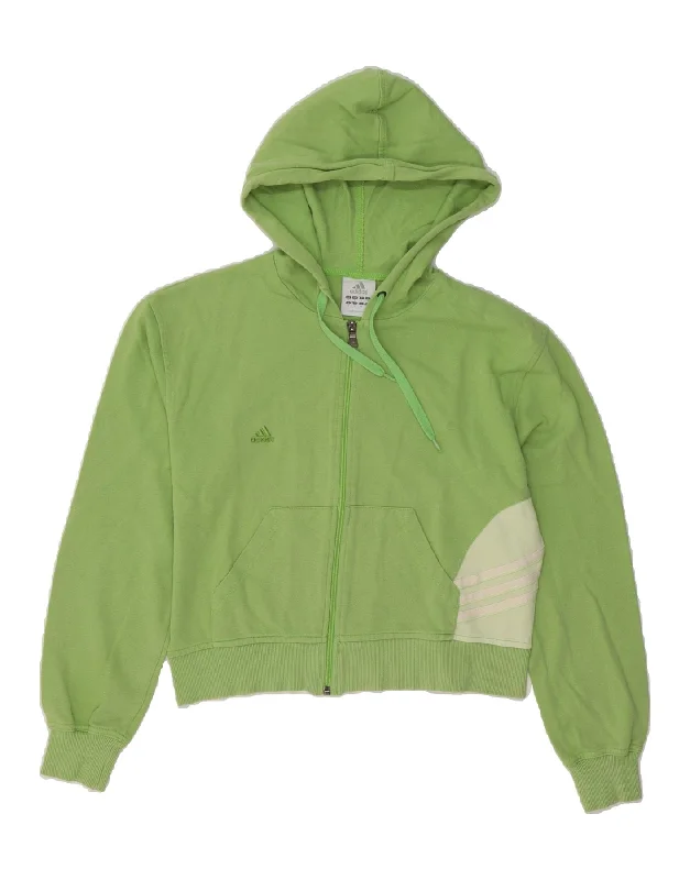 ADIDAS Womens Crop Zip Hoodie Sweater UK 10 Small Green Colourblock Cotton Embroidered Appliqued Beaded