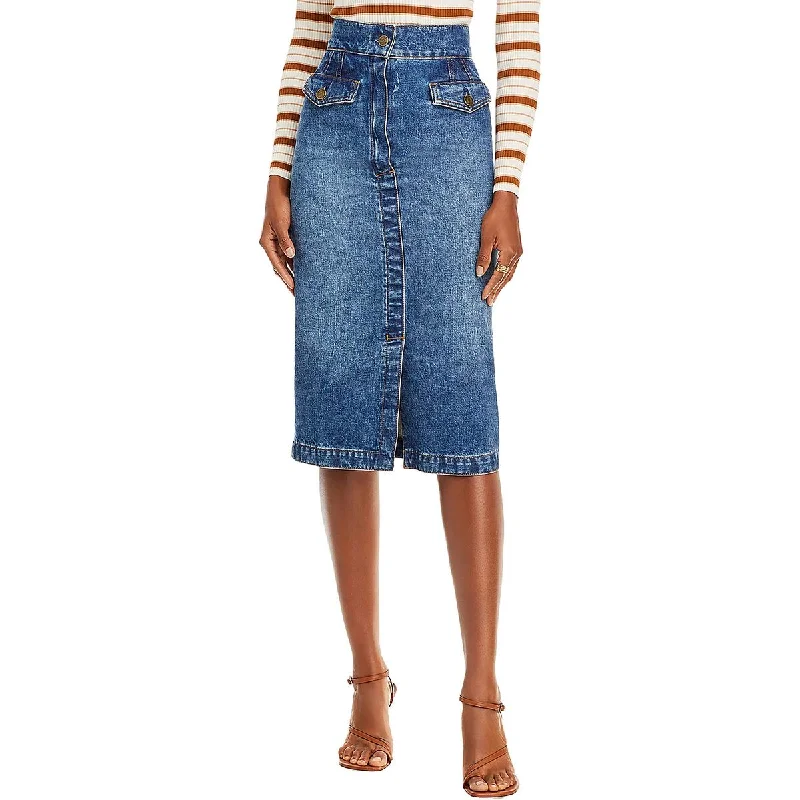 Womens High Rise Front Vent Midi Skirt denim skirt casual