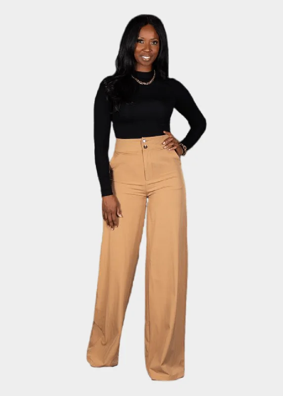 Double Button Pants - Tan High-Waist Jeans