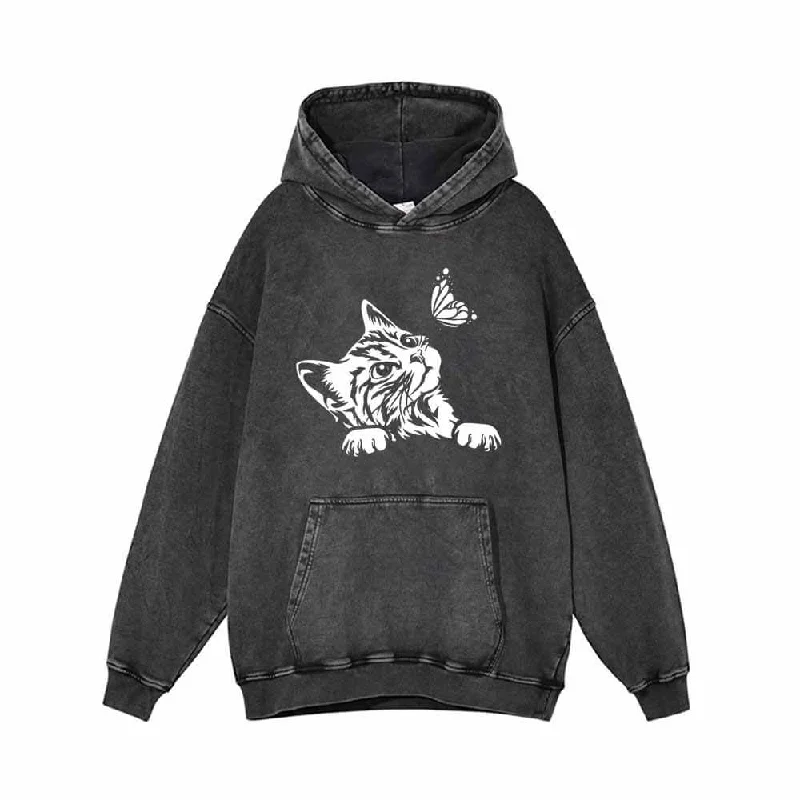 Cute Cat Curious Kitten With Butterfly Vintage Washed Hoodie Hoodie with Hem Raw Edge Edgy Unfinished