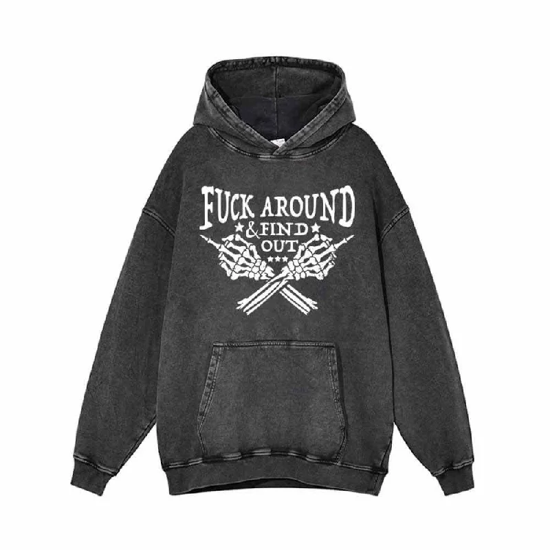 Fuck Around Find Out Skull Hand Vintage Washed Hoodie Hoodie with Hem Raw Edge Edgy Unfinished