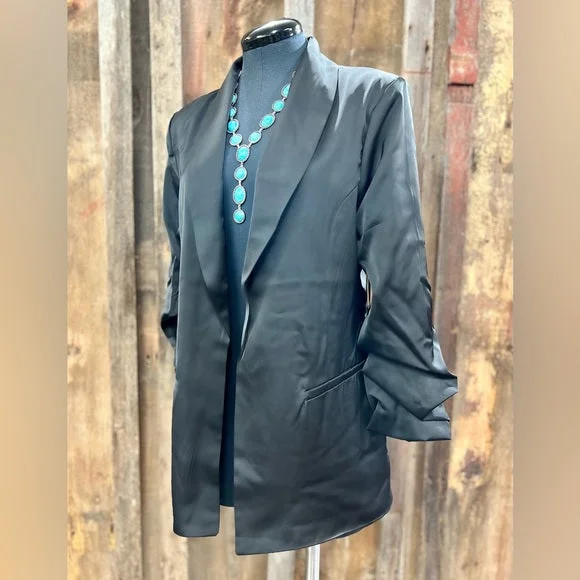 Satin Ruched Sleeve Blazer Jacket in Black Snapped Jacket Toggled Jacket Drawstring Jacket