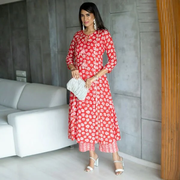 Aayaa Pure Muslin printed Kurti & Pant - Red High-Waist Jeans