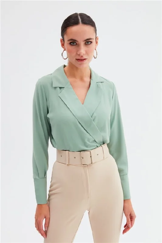 Collared Wrap Bodysuit - Sage Stylish Plunging Neck Bodysuit