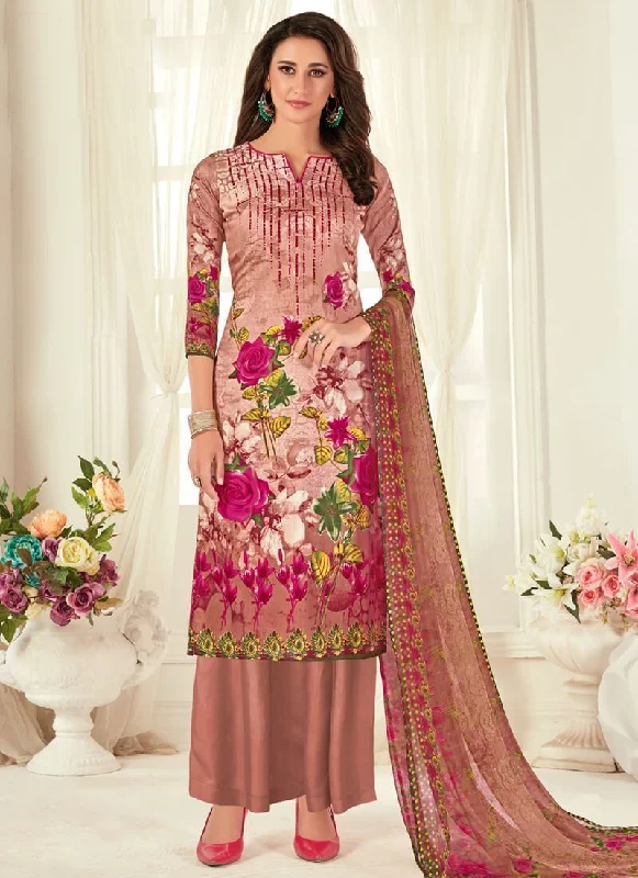 Light Brown Pure Zam Cotton Palazzo Dress Boat Neckline Classic