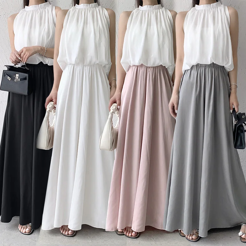 Vireous Pleated Loose Wide Leg Skirt Pants, Pastel Colours Formal Dress Pants