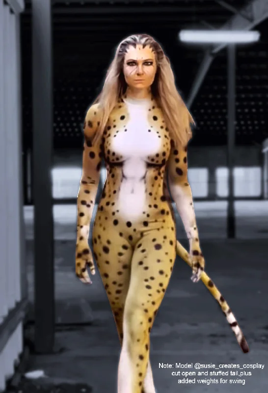 Cheetah High Collar Bodysuit with Zipper in the Back + Separate Hanging Tail Trendy Lace-Up Bodysuit
