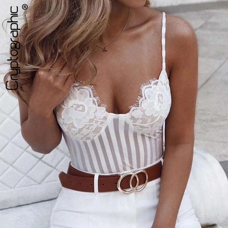 Cryptographic Sexy spaghetti strap mesh lace bodysuit women stripe patchwork jumpsuit transparent 2018 new catsuit body feminino Trendy Floral Print Bodysuit