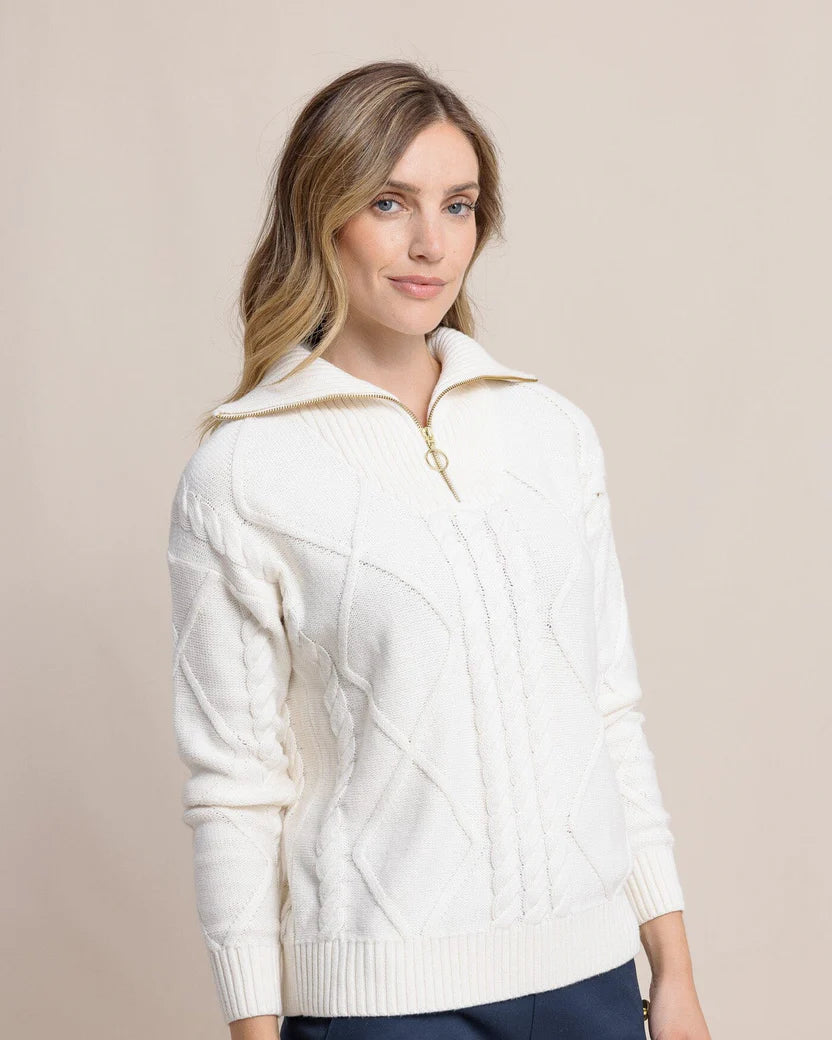 Southern Tide Women's Marta Cable Knit Quarter Zip Sweater - Sand White Fitted Slim Tailored