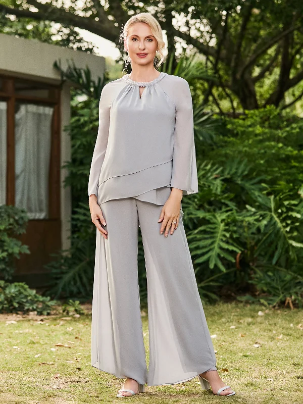 Jewel Neck Long Sleeve Chiffon Top and Pants Set Silver Casual Drawstring Pants