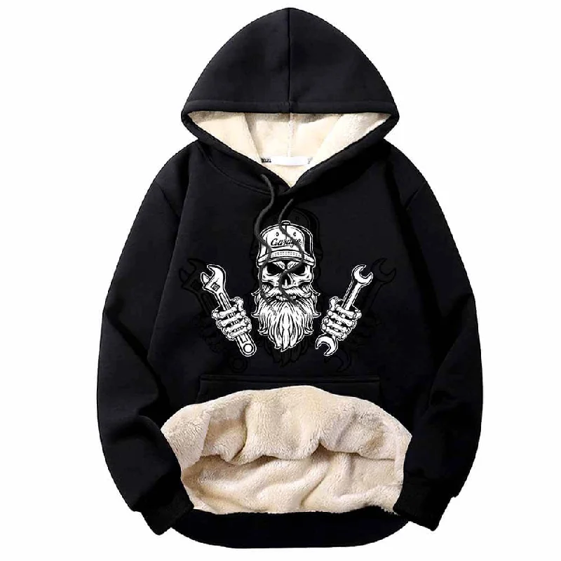 Skull Mechanic Holding Wrenches Fleece Sherpa Hoodie Hoodie with Ribbed Cuffs Snug Fit Comfort