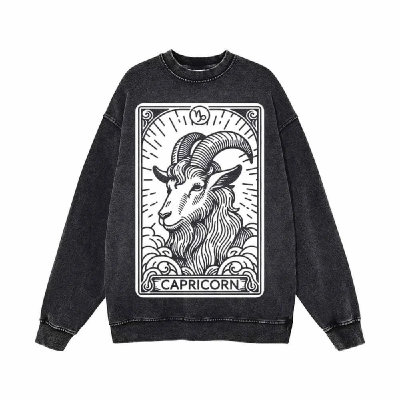 Capricorn Tarot Card Horoscope Vintage Washed Sweatshirt Hoodie with Hem Raw Edge Edgy Unfinished