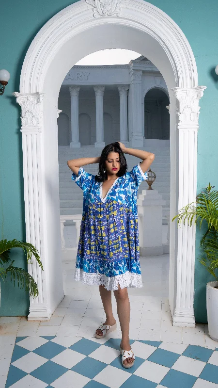Noroke Sustainable fabric | Cupro Muslin Blue Pottery Tassel Dress