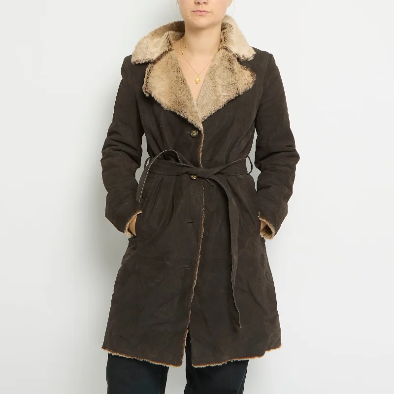 Fur Lined Suede Belted Afghan Jacket- UK 12 Elasticated Jacket Padded Jacket Insulated Jacket