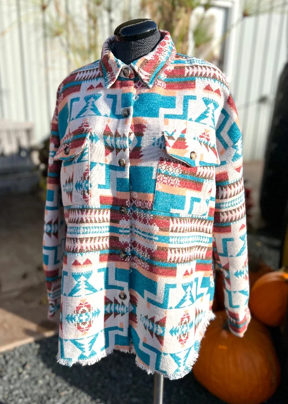 Colorful Southwestern Shacket Jacket Notch Collar Peter Pan Collar Cowl Neck
