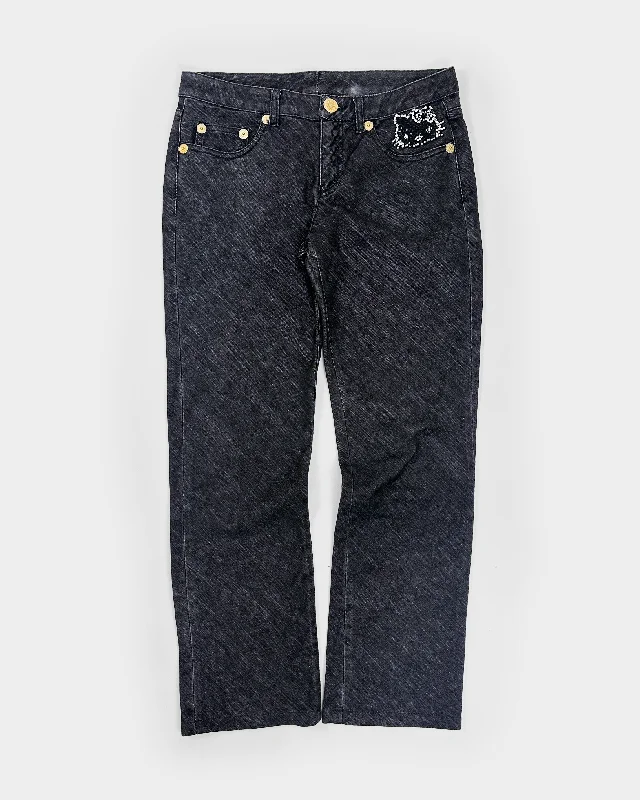 Iceberg x Hello Kitty Black Washed Denim Pants 2000's Stylish Elastic Waist Pants