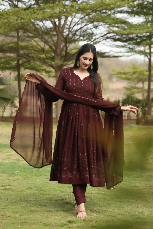 Preksha Creation Georgette Fabric With 3mm Sequins Embroidery Work Women Maroon Gown With Pant and Dupatta Soft Wool Pants
