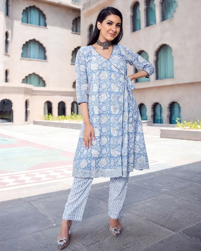 Aayaa Pure Muslin printed Kurti & Pant - Sky blue Comfortable Cargo Pants