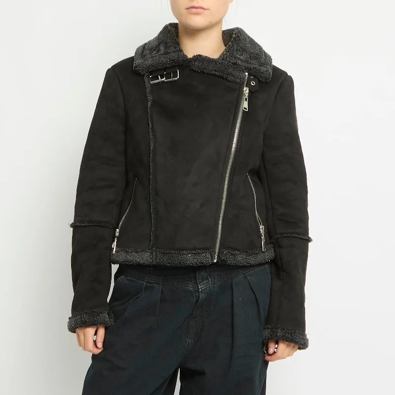 Faux Suede Biker Style Jacket -UK 12 Front Pockets Side Pockets Patch Pockets