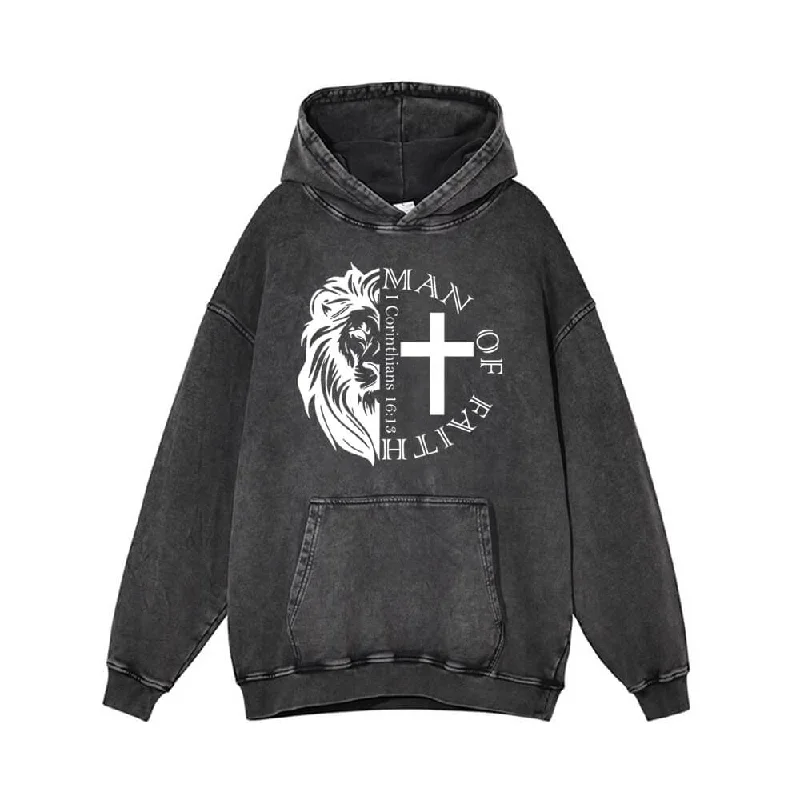 Man Of Faith Lion Cross Vintage Washed Hoodie Hoodie with Drawstring Waist Adjustable Fitted