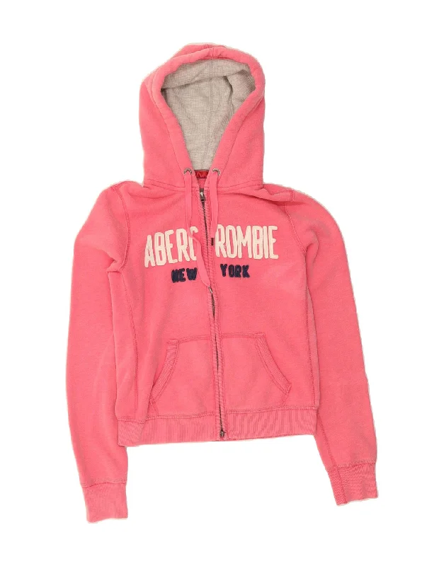 ABERCROMBIE & FITCH Womens Crop Zip Hoodie Sweater UK 14 Large Pink Spandex Rayon Corduroy