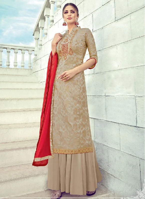Beige Pure Banarasi Jacquard Palazzo Dress Tunics Chic elegant