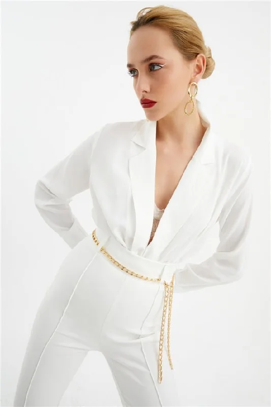 Collared Wrap Bodysuit - White Comfortable Bodysuit for Sleep