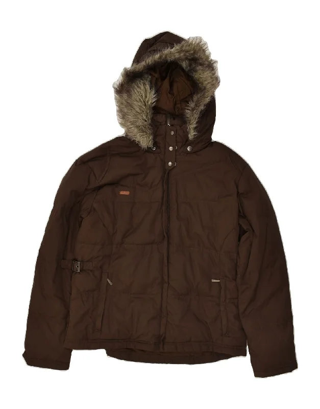 COLUMBIA Womens Hooded Padded Jacket UK 16 Large Brown Nylon Rayon Jacket Velvet Jacket Corduroy Jacket