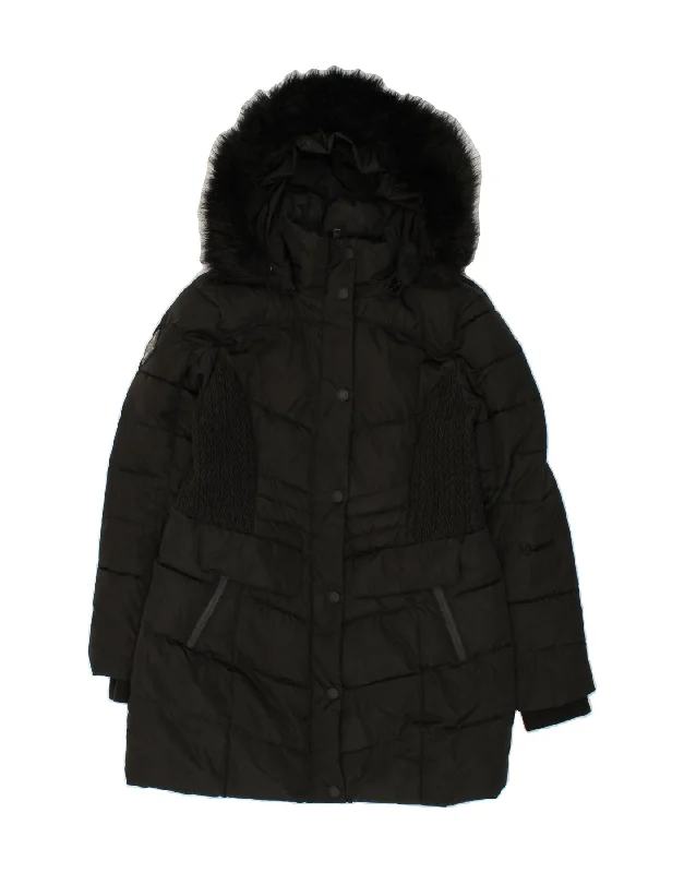 SUPERDRY Womens Hooded Padded Jacket UK 14 Medium Black Polyester Hooded Jacket Caped Jacket Shawl Collar Jacket