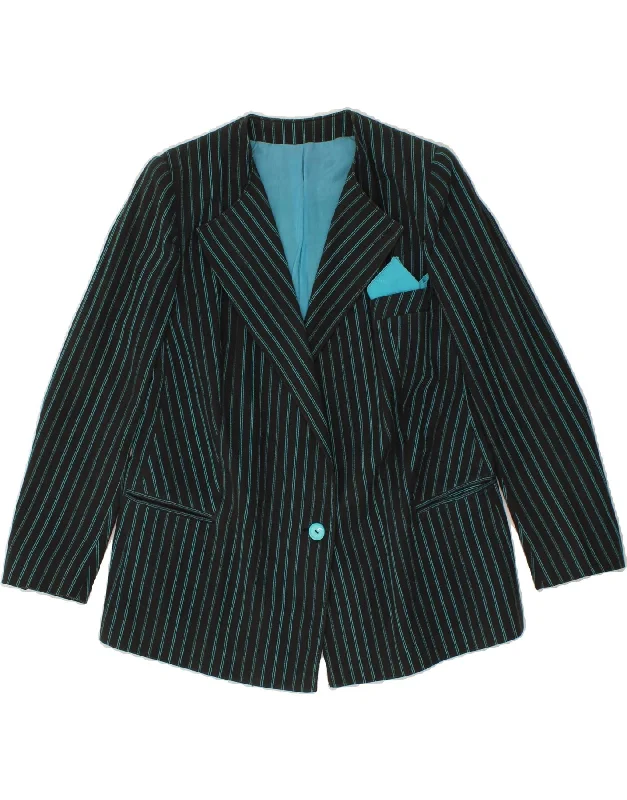 VINTAGE Womens 1 Button Blazer Jacket IT 46 Large Blue Striped Zippered Jacket Buttoned Jacket Snapped Jacket