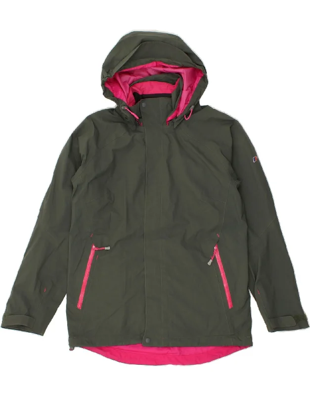 BERGHAUS Womens Hooded Rain Jacket US 10 Large Green Polyamide Oversized Jacket Tailored Jacket Straight Jacket
