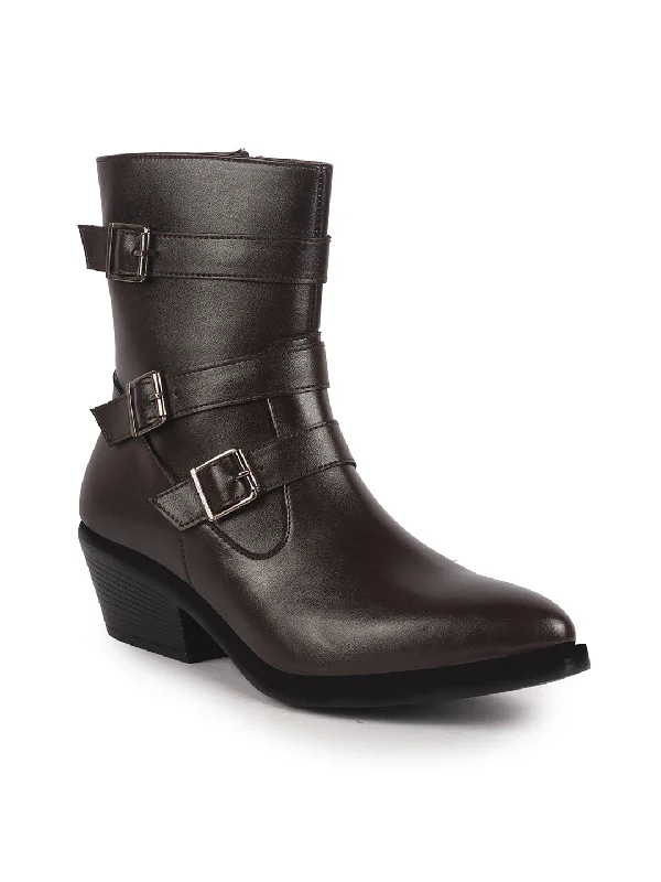 Women Brown High Ankle Flared Heel Multi Adjustable Buckle Strap Size Zipper Closure Boots for Winter|Outing|Dress Boot Tunics Velvet soft