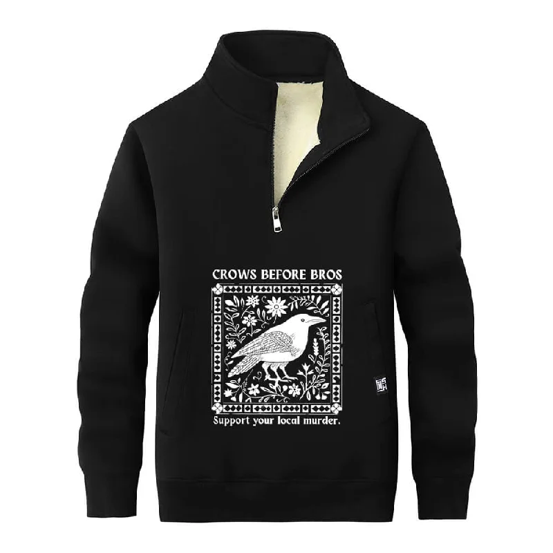 Multicolor Crows Before Bros Stand Collar Zip Fleece Sweatshirt Hoodie with Print Artistic Unique