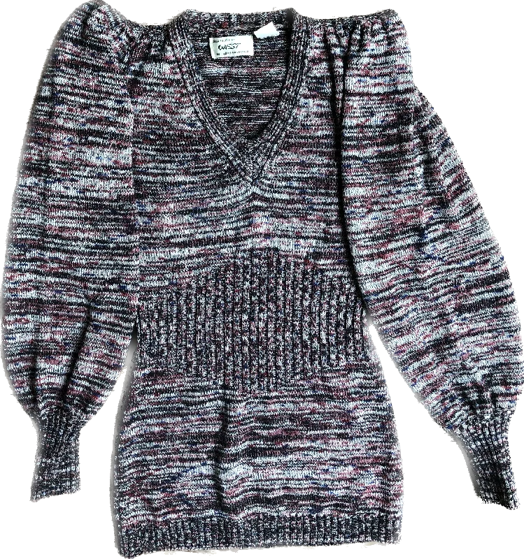 70s Pink/Blk/Wht Mottled Sweater ~ Pagoda Sleeve     S Embroidered Appliqued Beaded