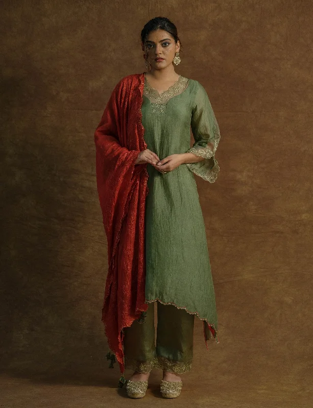 Olive Green Kurta with Palazzo Pants and Dupatta Sleek Black Pants