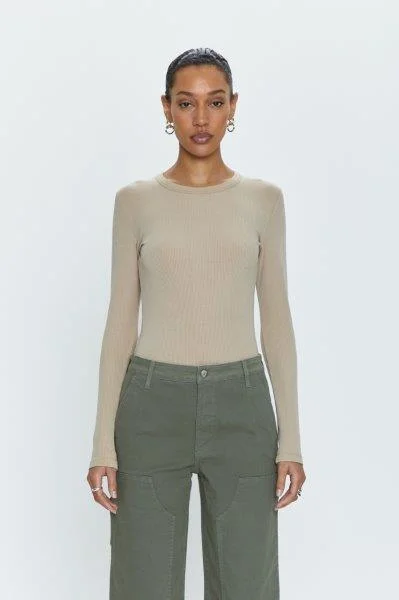 Pistola Denim Bailey Long Sleeve Crew Neck Thong Bodysuit Mink Comfortable Ruffled Bodysuit