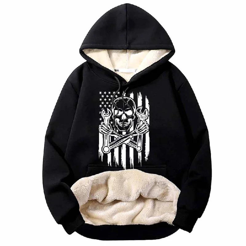 Skull Mechanic Wrenches US Flag Fleece Sherpa Hoodie Hoodie with Exposed Zipper Edgy Industrial