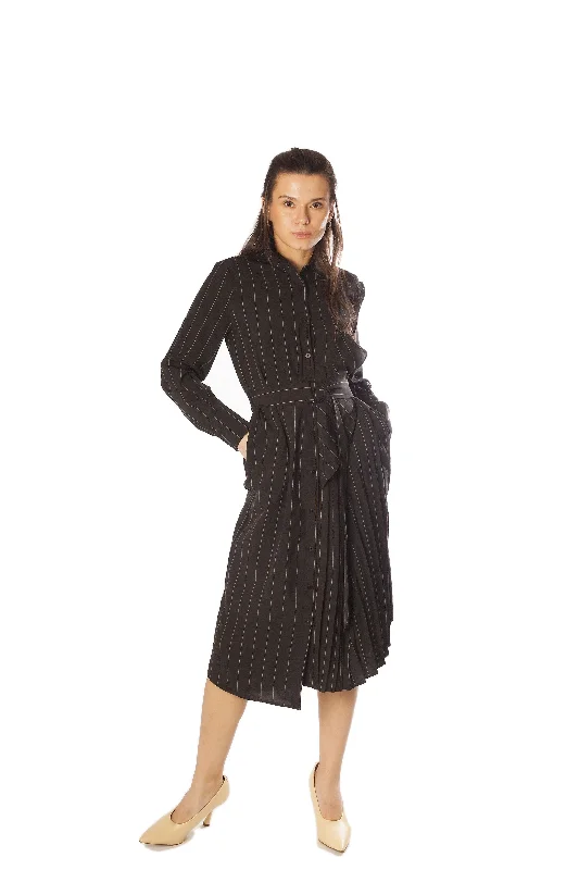 Threaded Belt Pinstripe Halp Pleat Dress Tunics Practical durable