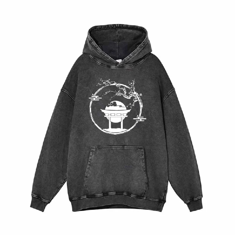 Plum Blossom Torii Full Moon Vintage Washed Hoodie Hoodie with Emblem Brand Identity