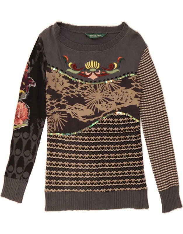 DESIGUAL Womens Boat Neck Jumper Sweater UK 12 Medium Grey Heart Silk Blend Satin Velvet