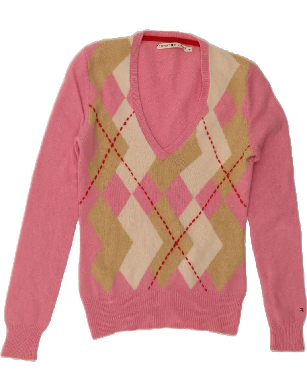 TOMMY HILFIGER Womens V-Neck Jumper Sweater UK 12 Medium Pink Spandex Blend Rayon Blend Denim Blend