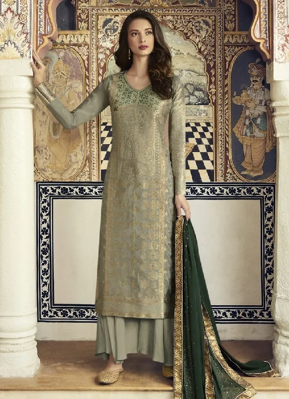 Pastel Green Jacquard Silk Dress Sharara Tunics Office stylish