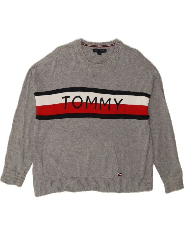 TOMMY HILFIGER Womens Oversized Crew Neck Jumper Sweater UK 10 Small Grey Transparent Opaque Sheer