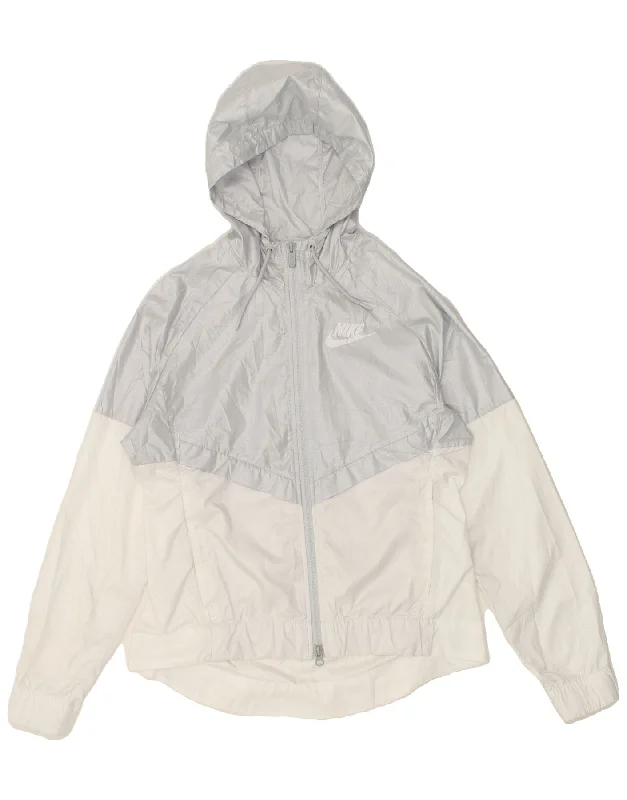 NIKE Womens Oversized Hooded Rain Jacket UK 10 Small Grey Colourblock Toggled Jacket Drawstring Jacket Belted Jacket