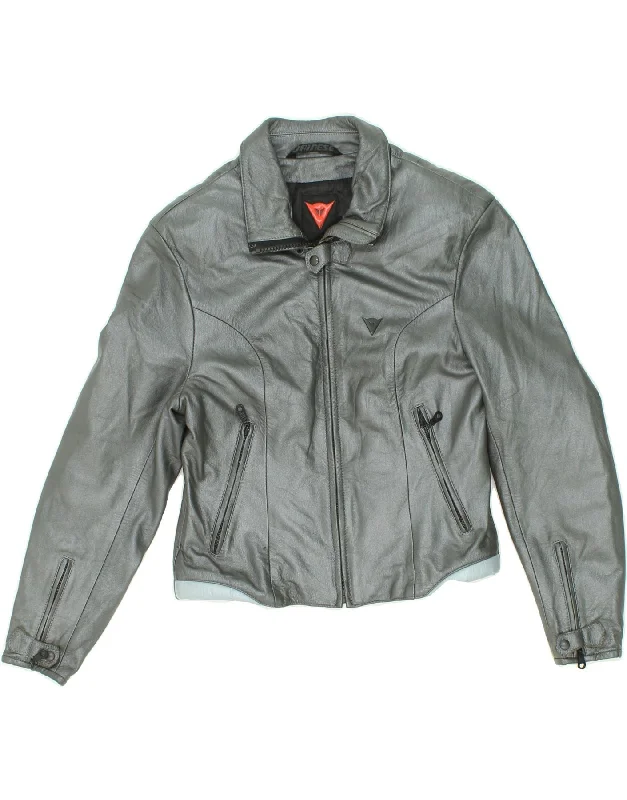 DAINESE Womens Crop Leather Racer Jacket IT 44 Medium Grey Leather Front Pockets Side Pockets Patch Pockets